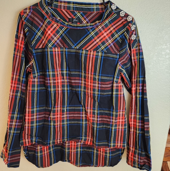 J. Crew Funnelneck Stewart Tartan Jeweled Long Sleeve Shirt Christmas Festive - Picture 4 of 8